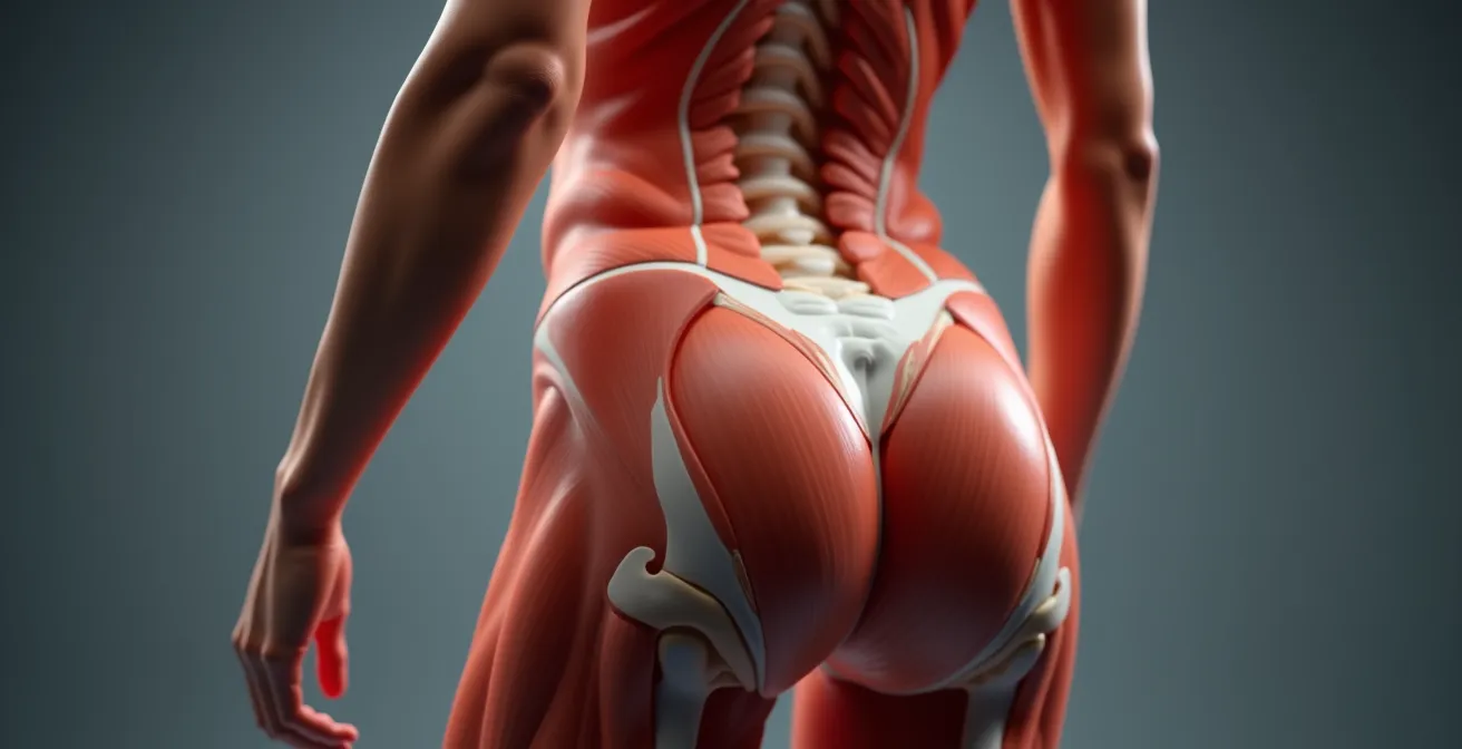 Schéma anatomique montrant l'activation de la chaîne musculaire postérieure en position debout : fessiers, lombaires, ischio-jambiers et muscles profonds du tronc
