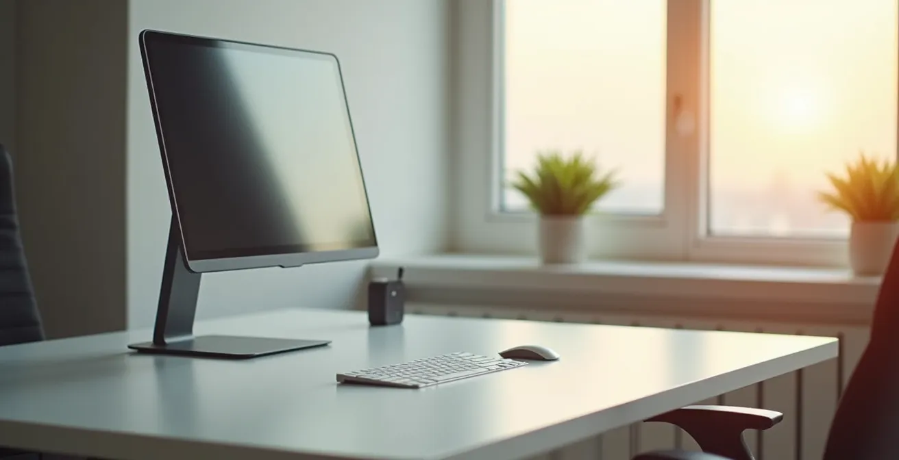 Vue d'ensemble d'un bureau assis-debout moderne avec affichage de la hauteur réglable, chaise ergonomique et poste de travail bien aligné pour une posture saine