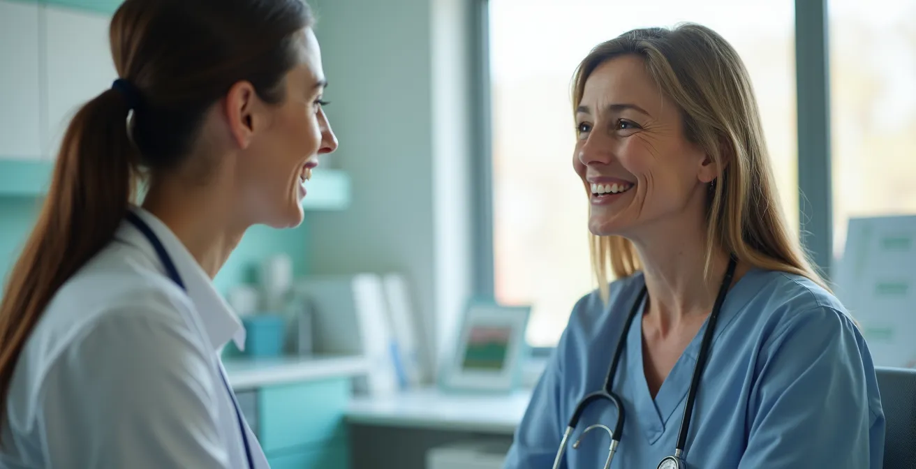 Interaction professionnelle de santé et patient discutant d'un plan de traitement personnalisé pour l'amélioration de la posture au bureau