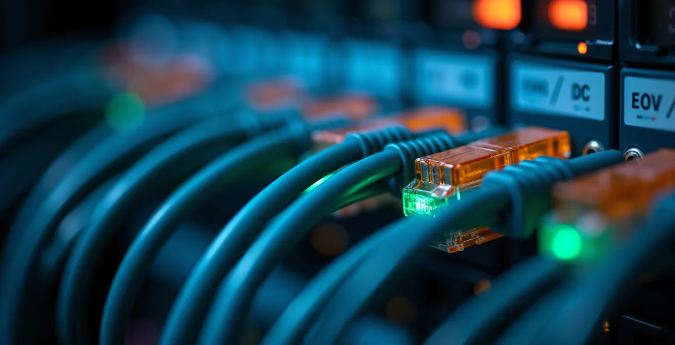 Détail de câbles réseau organisés symbolisant la continuité technique