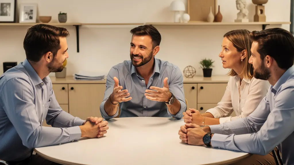 Équipe en session de brainstorming autour d'une table ronde design