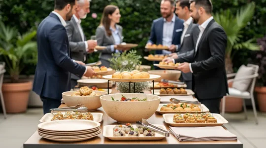 Buffet traiteur extérieur avec vaisselle écologique en feuille de palmier et pulpe de canne