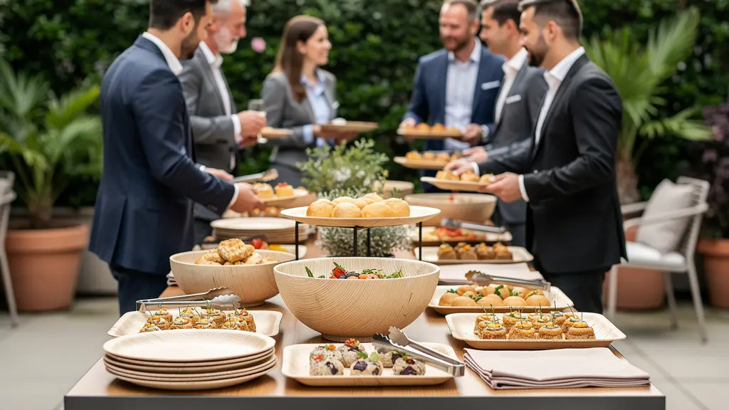 Buffet traiteur extérieur avec vaisselle écologique en feuille de palmier et pulpe de canne