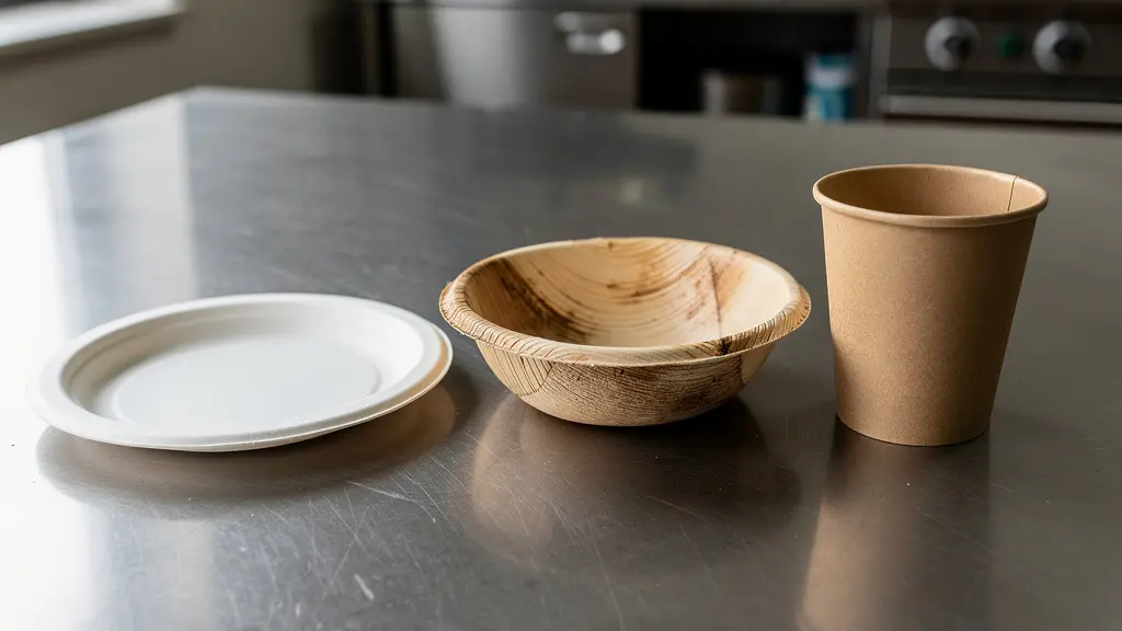 Nature morte comparative de vaisselle écologique professionnelle pulpe palmier carton