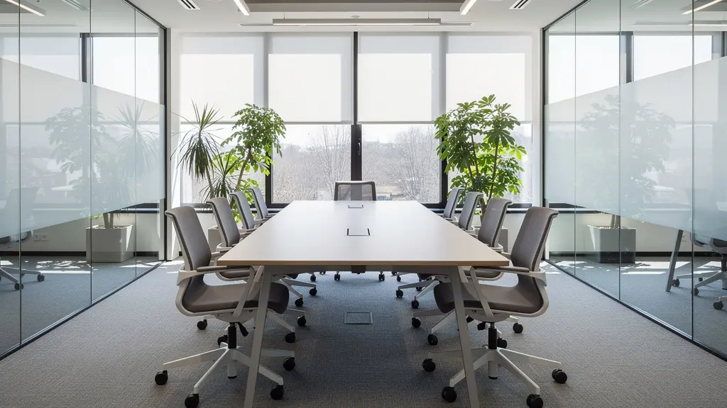 Vue d'ensemble d'une salle de réunion avec espace de circulation visible