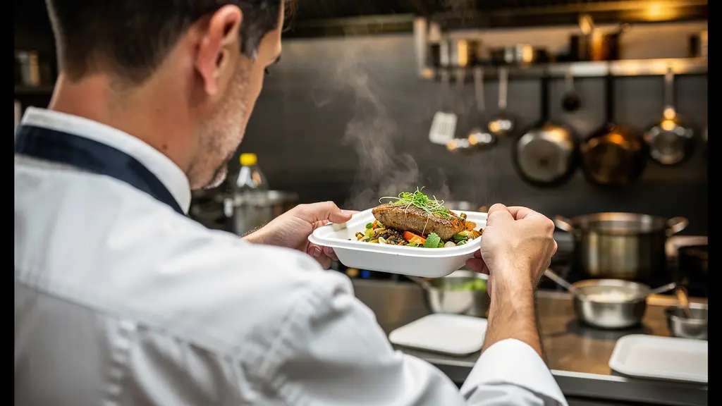 Chef cuisinier dressant plat chaud dans barquette pulpe de canne en cuisine professionnelle