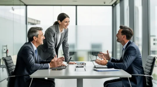 Professionnels en discussion animée autour d'une table de réunion rectangulaire moderne