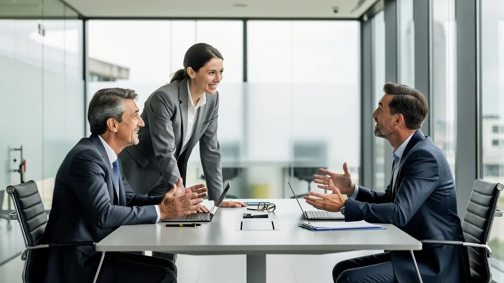 Professionnels en discussion animée autour d'une table de réunion rectangulaire moderne