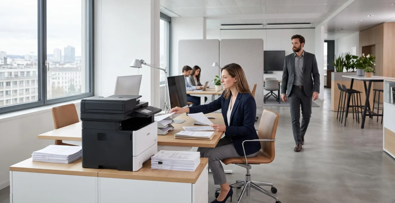 Bureau moderne avec imprimante multifonction professionnelle intégrée dans un environnement de travail contemporain
