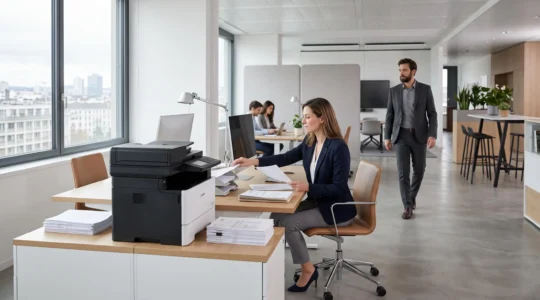 Bureau moderne avec imprimante multifonction professionnelle intégrée dans un environnement de travail contemporain