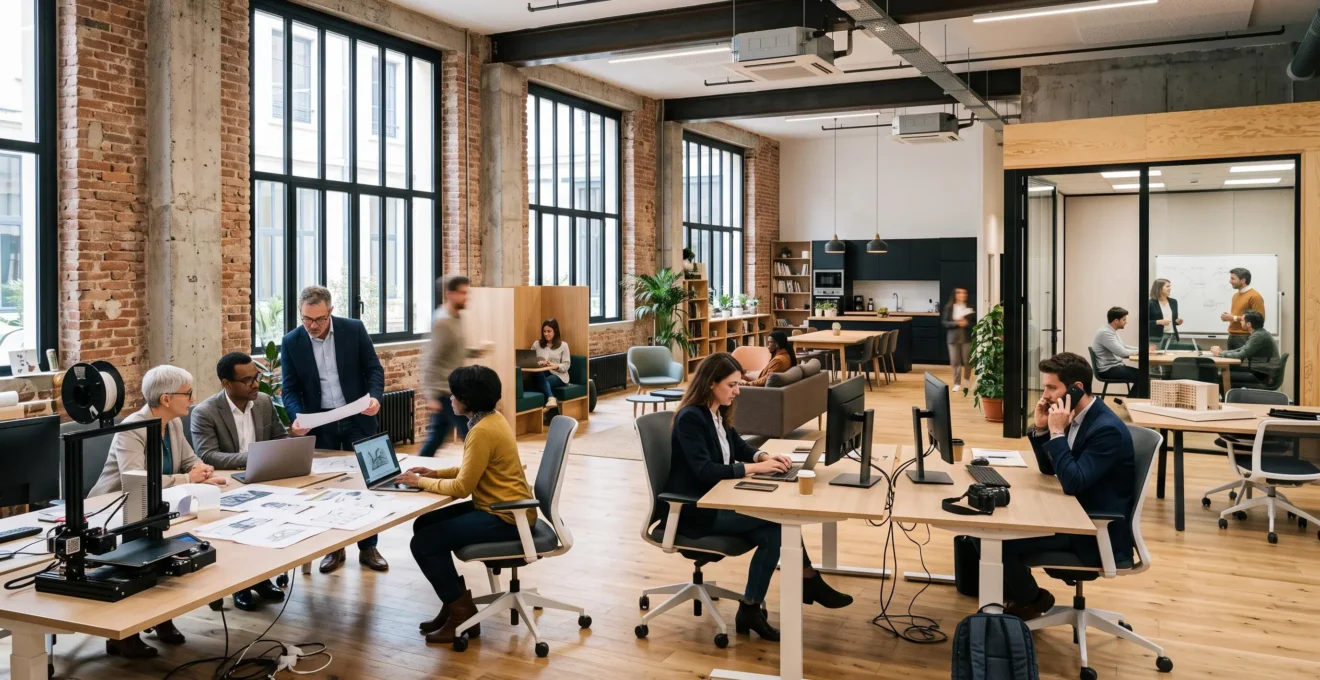 Espace de coworking moderne avec zones de travail diversifiées pour différents types d'activités professionnelles