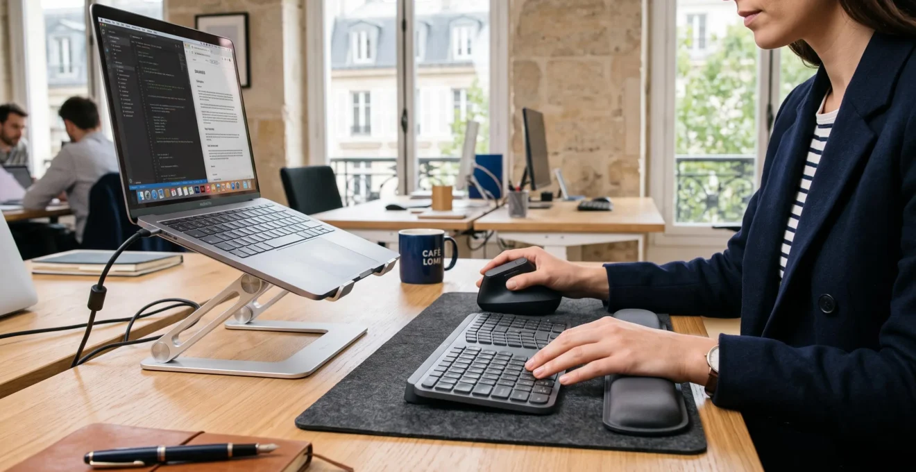 Mains d'un professionnel installant des accessoires ergonomiques incluant souris verticale, clavier séparé et support laptop sur un bureau parisien