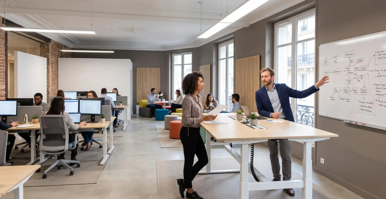 Deux professionnels collaborant debout autour d'une table haute ajustable dans un bureau parisien aménagé avec zones fonctionnelles distinctes