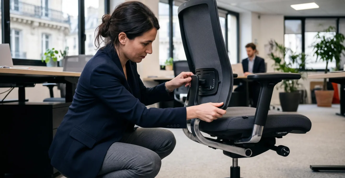 Professionnelle ajustant les mécanismes de réglage d'une chaise ergonomique dans un bureau parisien